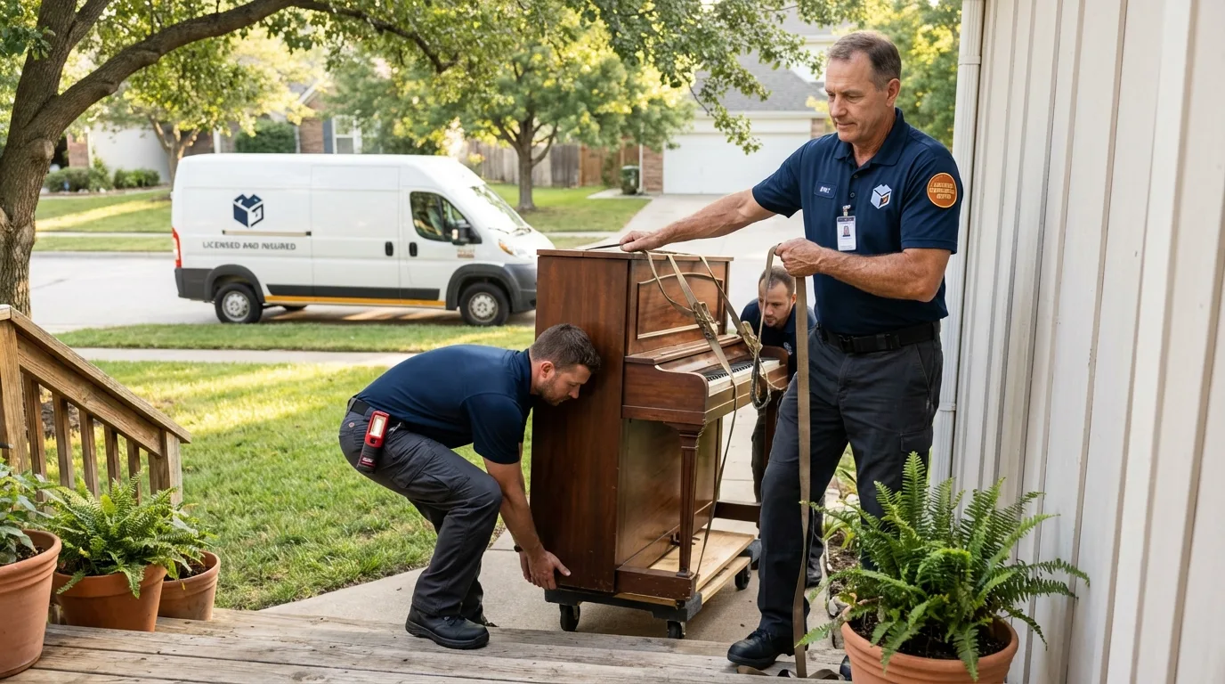Licensed piano movers securing grand piano in Purcellville, VA