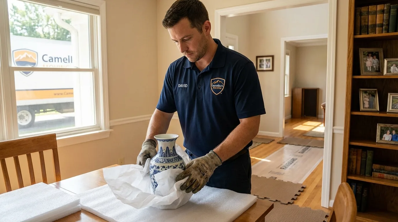 Professional crew carefully wrapping antique vase for senior downsizing move in Purcellville, VA